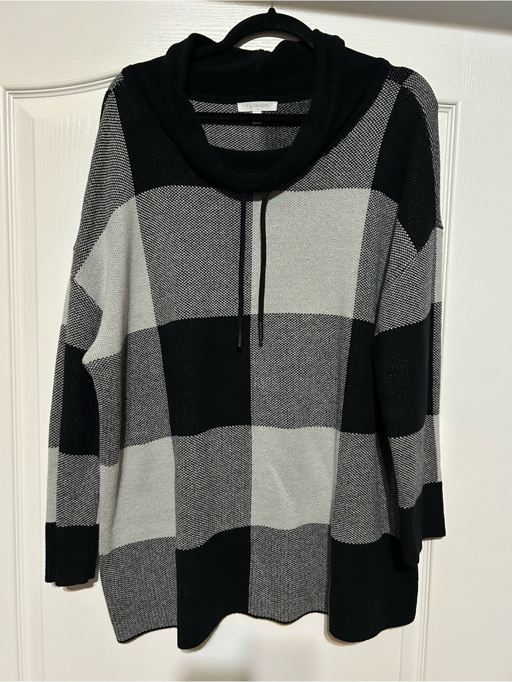 Talbots Black and Gray Plaid Cowl Neck Sweater